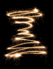 Golden sparkler light spiral captured in mid-air against a black background, symbolizing celebration, festive energy, and the magic of illuminated night photography with dynamic motion and glow.

