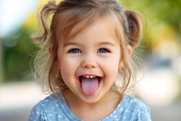Little girl sticking out tongue, having fun