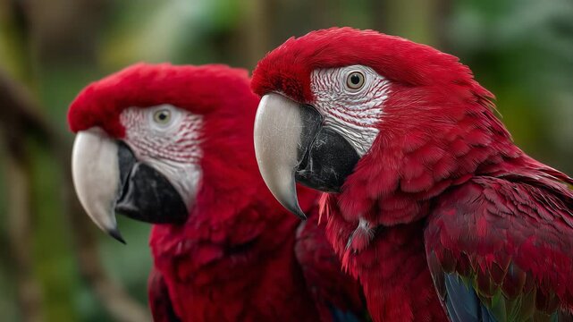 Two scarlet macaw parrots close up with vibrant red feathers tropical wildlife concept of exotic birds in rainforest nature background