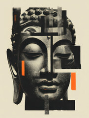 Graphical Buddha Head, Fragmented and isolatable, modern collage antique sculpture, 