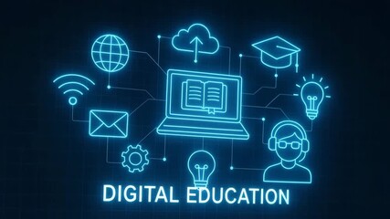 Concept of digital education with icons representing online learning and communication. - Powered by Adobe