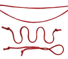  Red string, set rope flying isolated on white background, clipping path