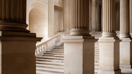 neoclassical. Grand neoclassical architecture with detailed pillars and staircase, embodying timeless elegance and design. real-estate listings.
