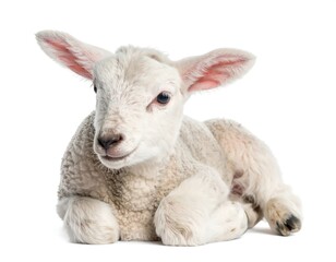 Obraz premium A fluffy, white lamb, eyes open, resting on white, detailed fur. Its ears are tall, its paws visible. Soft, gentle creature, isolated, clean