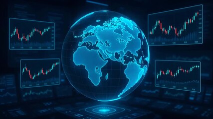 A digital representation of global financial data with colorful graphs and world map. - Powered by Adobe