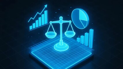 A futuristic blue digital scale balanced with financial charts and graphs. - Powered by Adobe