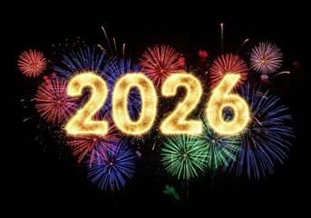 Glowing 2026 numbers illuminated by vibrant festive fireworks display celebration