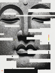Graphical Buddha Head, Fragmented and isolatable, modern collage antique sculpture, 