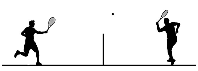 Man tennis player vector silhouette illustration isolated. Sport shadow. Recreation pose. Boys play tennis shape. Active male hobby training after work. Anti stress worming up. Men tennis match.