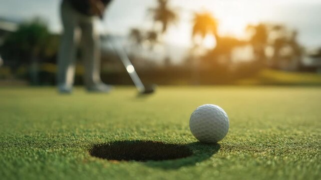 Close up of golf ball on green field with player in background during sunset sport lifestyle and outdoor leisure concept