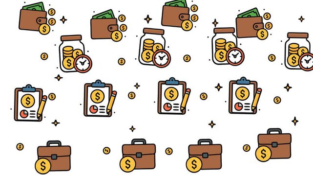Assorted financial planning icons like wallets, jars, and briefcases suitable for financial websites, blogs, and presentations on money management.