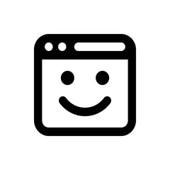 Illustration of a stylized smiling face within a square window frame with rounded corners and top buttons