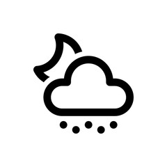 Illustration of a crescent moon beside a cloud with raindrops falling, depicted in a simple black outline style