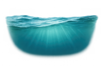 Ocean waves with underwater view showing sunlight rays piercing deep clear blue sea, transparent background