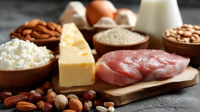 Healthy high protein foods assortment including cheese meat cottage cheese nuts eggs rice and milk on wooden board balanced diet concept
