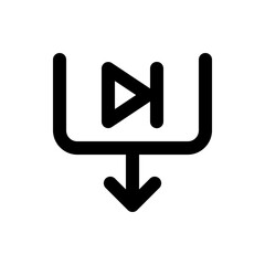 Black icon featuring a play symbol above a downward arrow connected to bracket shapes on each side 100 chr
