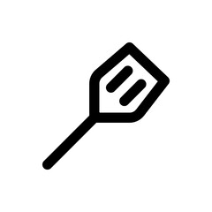 Illustration of a black outline spatula with three slots on a white background kitchen utensil icon