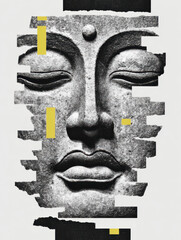Graphical Buddha Head, Fragmented and isolatable, modern collage antique sculpture, 