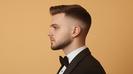 Dapper man with a modern fade haircut, sporting a classic black tuxedo and bow tie against a solid neutral backdrop. He exudes sophistication and style. Groomed beard.