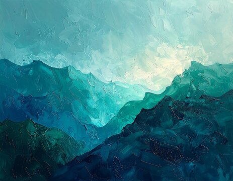 Textured landscape painting featuring layered, rolling teal mountain ranges