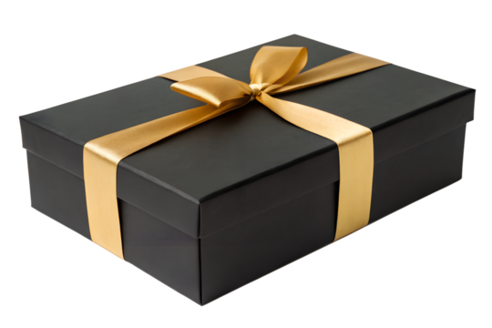 Elegant Black Gift Box Adorned with a Lustrous Gold Ribbon, Evoking a Sense of Luxury and Celebration