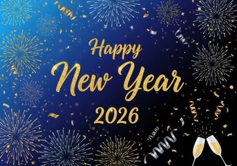 Celebrate the new year 2026 with dazzling fireworks and champagne toast festive greeting