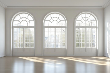 Airy room with large arched windows and soft daylight