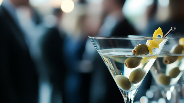 Close-up of martini glasses with olives and lemon peel at an elegant event with blurred people in the background, creating a sophisticated and celebratory atmosphere.