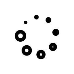 A circular array of black circles and rings of varying sizes on a white background in simple arrangement