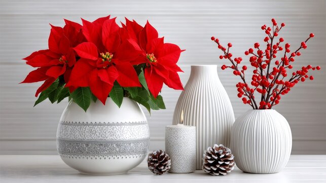 Poinsettia, red berries, and candle decorating for holidays