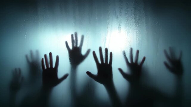 scary shadow hands on foggy glass horror concept halloween background creepy atmosphere ghostly silhouettes fear mystery spooky night photorealistic