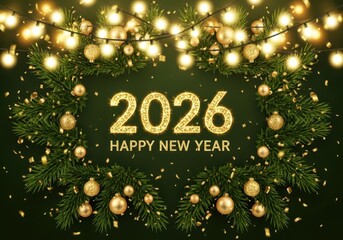 Celebrate 2026 happy new year with festive lights and ornaments a beautiful holiday greeting