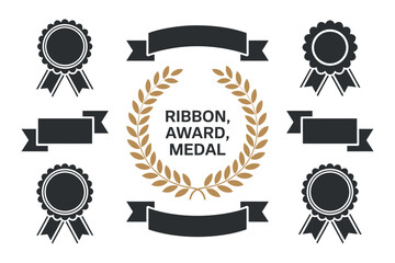 Set of Award Badge Ribbon Laurel Wreath Vector Icon Silhouette Celebration Design Element