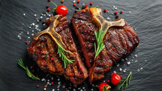 Grilled T bone steak with herbs and coarse salt on dark stone background showing juicy texture and rich flavor