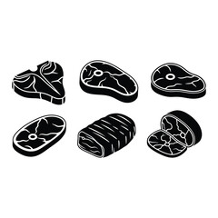 Six different cuts of meat in black silhouette style
