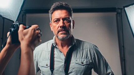Serious professional male photographer with DSLR camera around his neck, standing confidently in a bright photo studio, ready for a photoshoot.