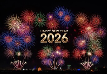 Vibrant fireworks display celebrating happy new year 2026 festive celebration and event