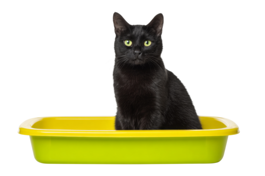 Elegant black cat sitting in yellow-green litter box isolated on transparent background