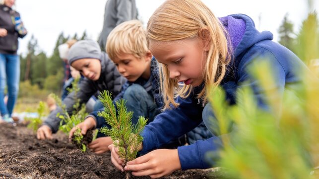 Children engaged in planting young trees in a lush outdoor setting, promoting environmental awareness
