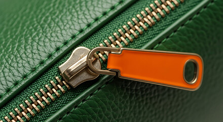  Macro Detail Close Up of Orange Zipper on Green Leather