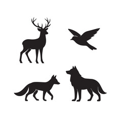 Black vector silhouettes of wild animals including a running deer, wolf, horse, and elephant in a collection for design
