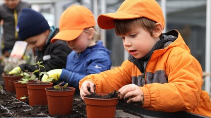 Children in bright orange hats planting seedlings in pots inside a greenhouse, fostering a love for gardening