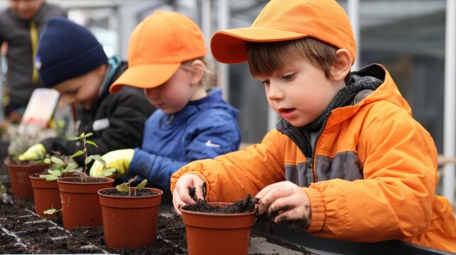 Children in bright orange hats planting seedlings in pots inside a greenhouse, fostering a love for gardening