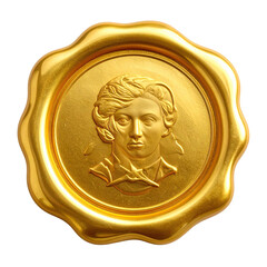 A gold wax seal, featuring a carved portrait, against a stark black background, rendered with intricate detail
