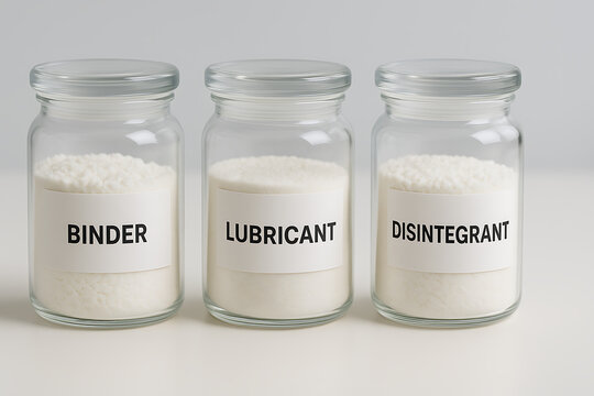 Pharmaceutical excipient jars labeled binder lubricant disintegrant, formulation ingredients concept for tablet manufacturing process, pharmaceutical laboratory composition materials, powder storage g