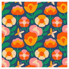 Colorful seamless floral pattern with stylized flowers and butterflies in orange, pink, and yellow on a navy background. Perfect for fabric, wallpaper, and cheerful designs.