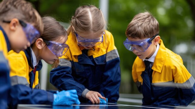 Children in protective gear engaged in a science project outdoors, examining solar panels with curiosity