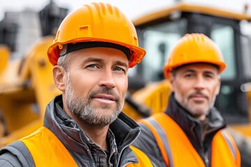 Construction workers wearing hard hats and safety vests at site