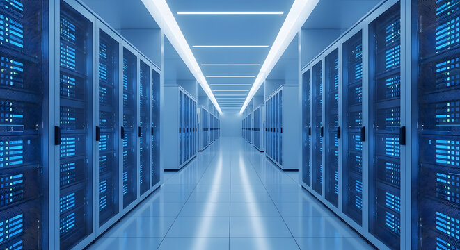 A long hallway with rows of server racks under bright lights creating a futuristic data center look