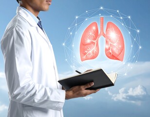 Doctor Analyzing Lungs with Notebook in Medical Setting.